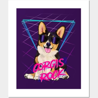 Corgis rock - Tri-color corgi with sunglasses and 80s background Posters and Art